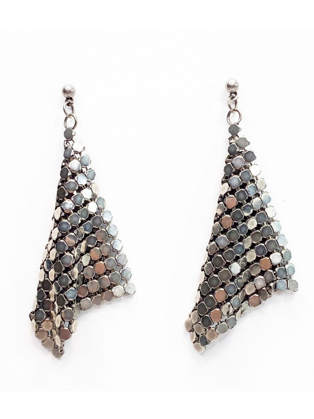 Vintage Silver Tone Metal Mesh Dangle Earrings Statement Shimmer Sparkle